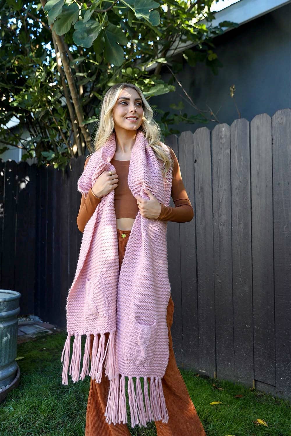Oversized Two Pocket Tassel Scarf: Blush