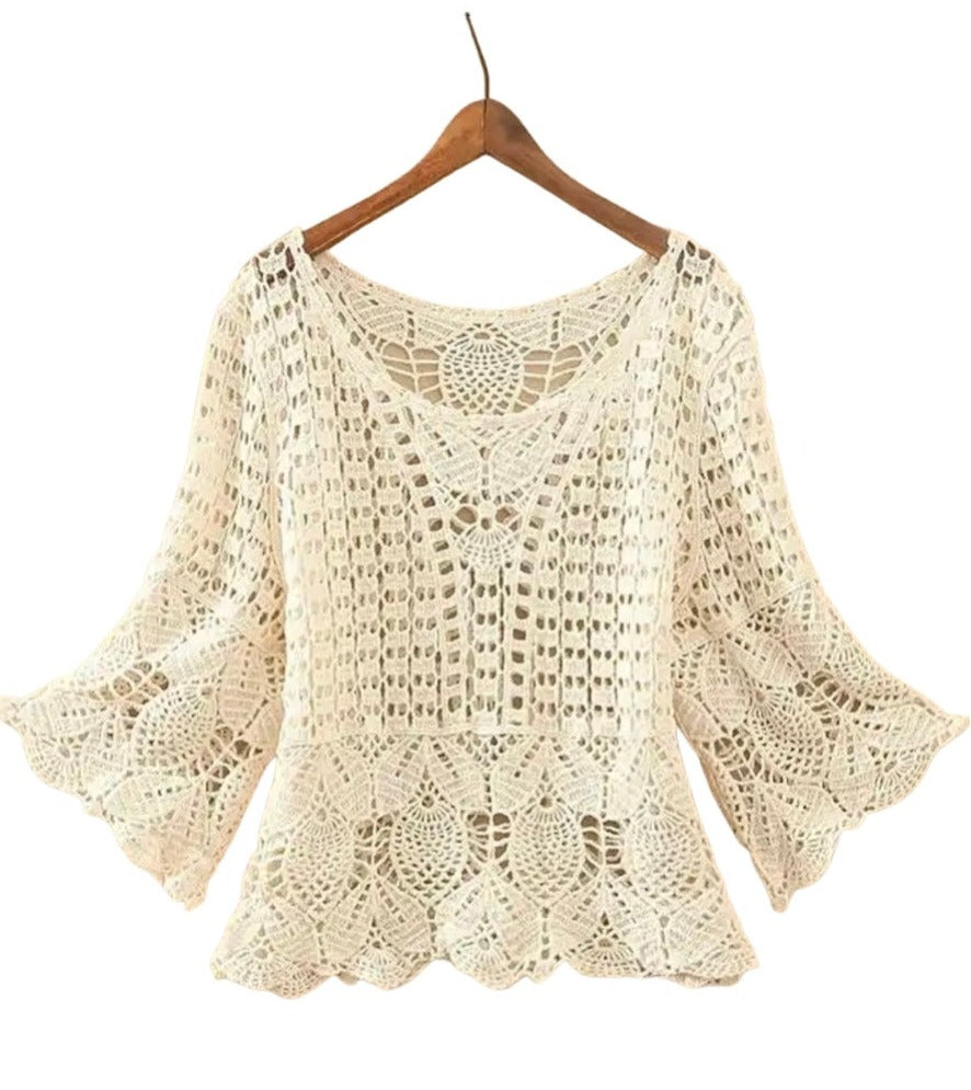 Crochet Top, open knit with quarter sleeves