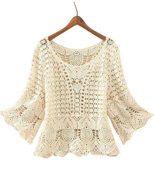 Crochet Top, open knit with quarter sleeves 
