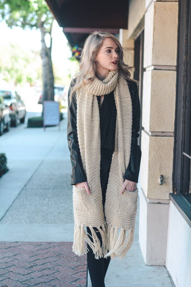 Oversized Two Pocket Tassel Scarf: Blush