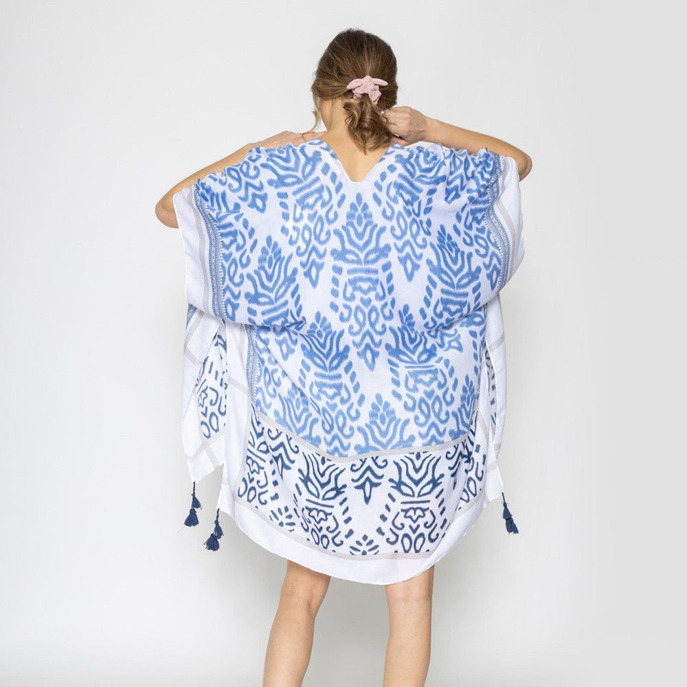 Scrolling Print Kimono With Tassels