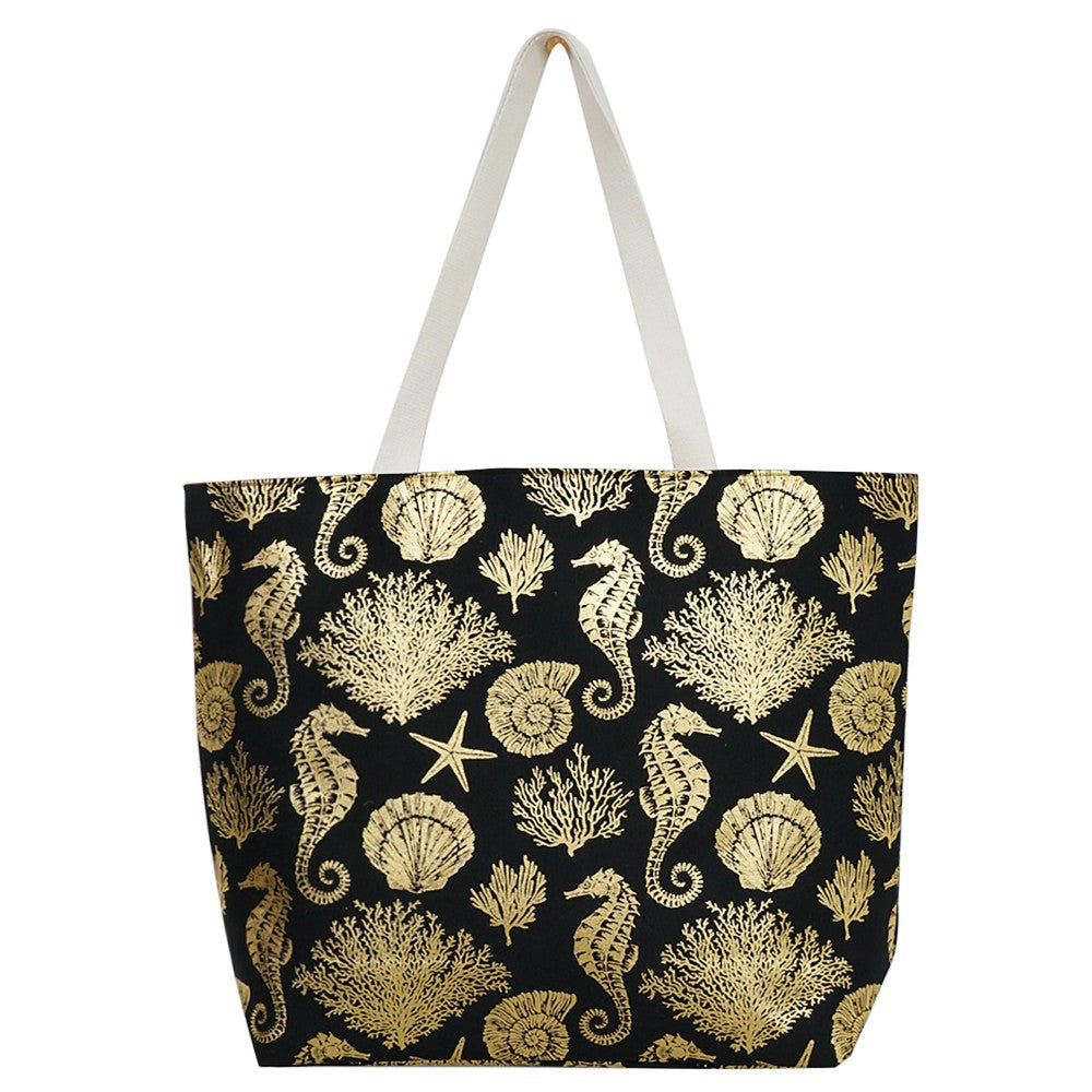 Metallic Seahorse and Coral Print Canvas Tote Bag