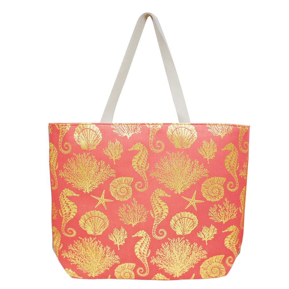 Metallic Seahorse and Coral Print Canvas Tote Bag