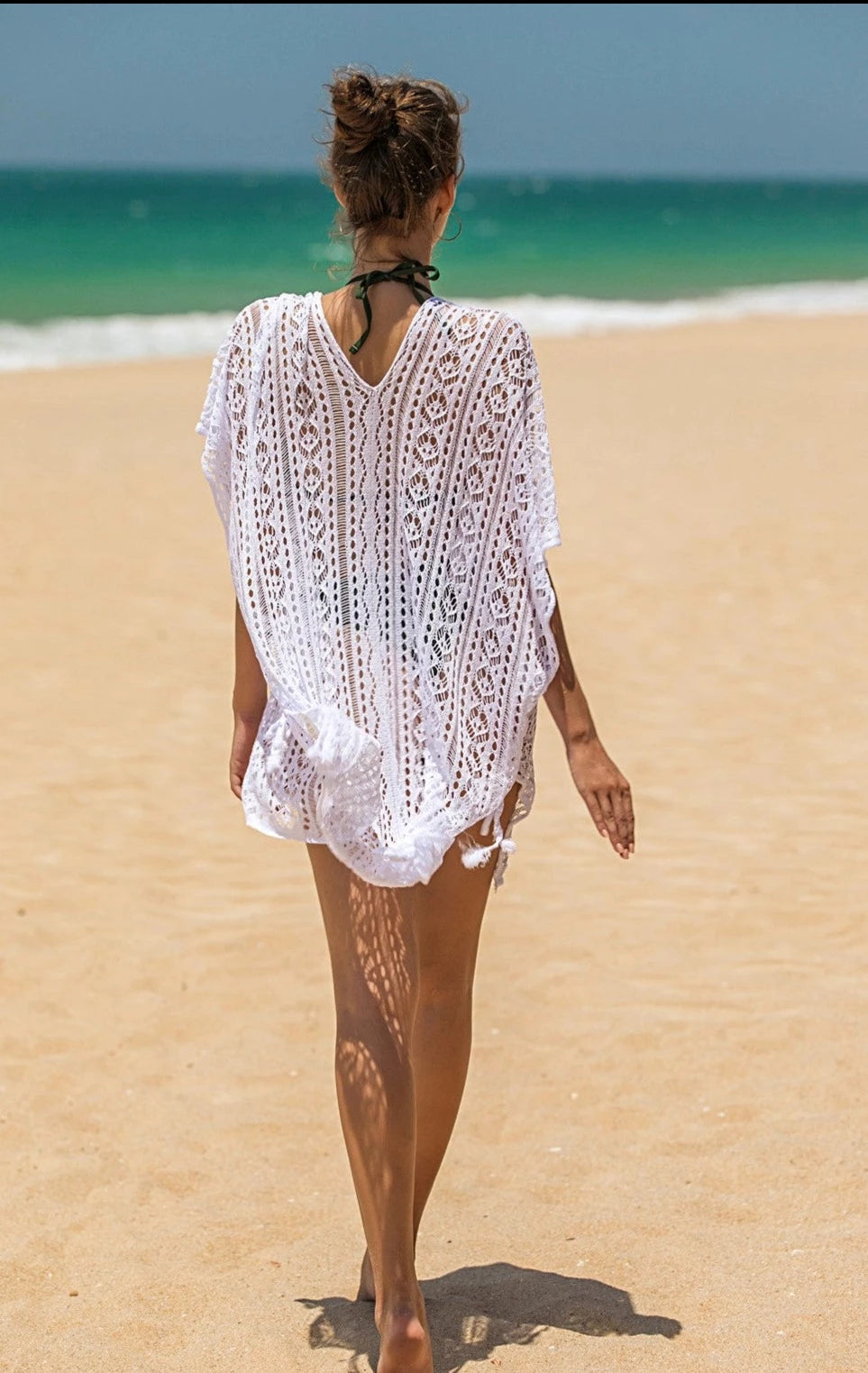 Crochet Hollow Out Tassel Bikini Coverups 3/4 Sleeve