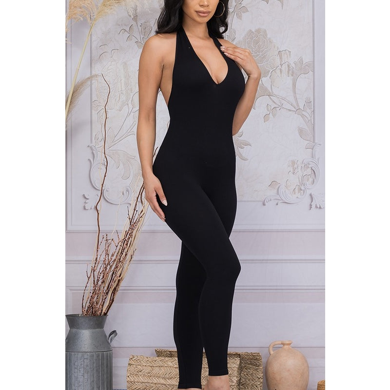 BACKLESS HALTER NECK LONG BODYSUIT