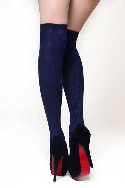 Single Pair Pack Fashion Design Thigh High Socks: Navy / S/M