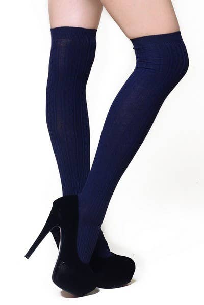 Single Pair Pack Fashion Design Thigh High Socks: Navy / S/M