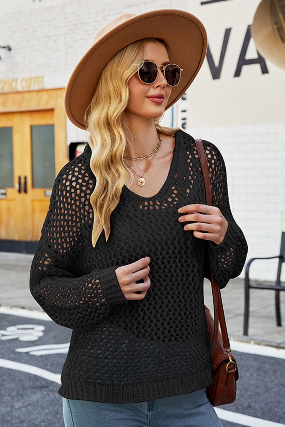 Openwork Slit Hooded Top