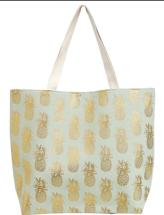 Metallic Pineapple Print Canvas Tote Bag