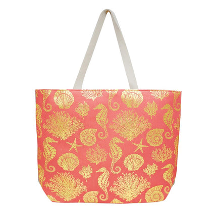Metallic Seahorse and Coral Print Canvas Tote Bag