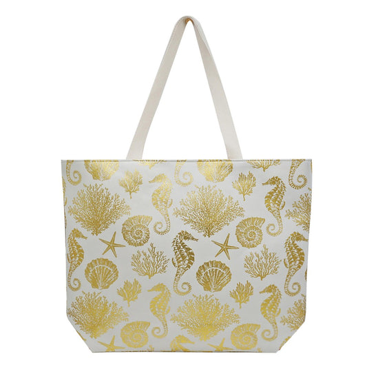 Metallic Seahorse and Coral Print Canvas Tote Bag