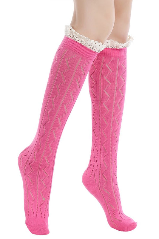 Ric-Rack Knit Knee High Cotton Socks Pink